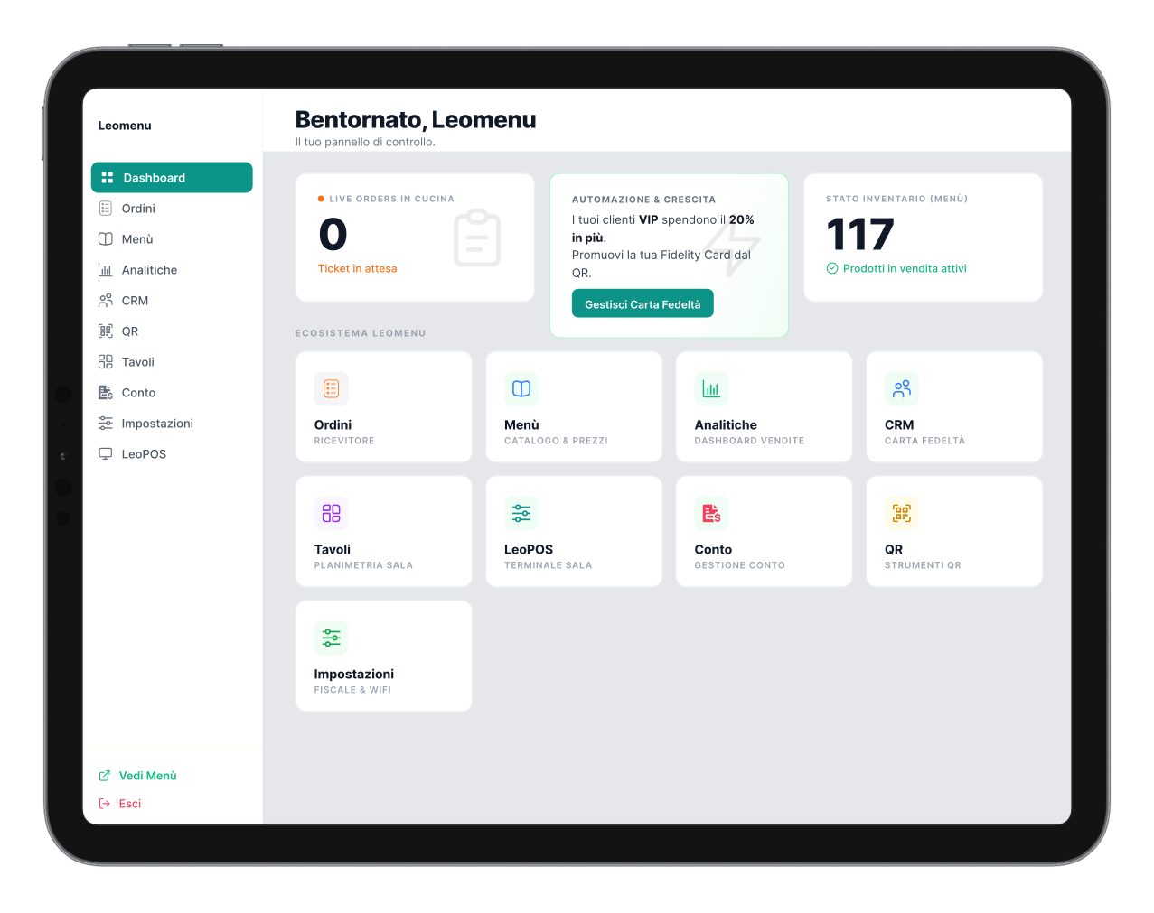LeoMenu — Pannello di gestione su tablet